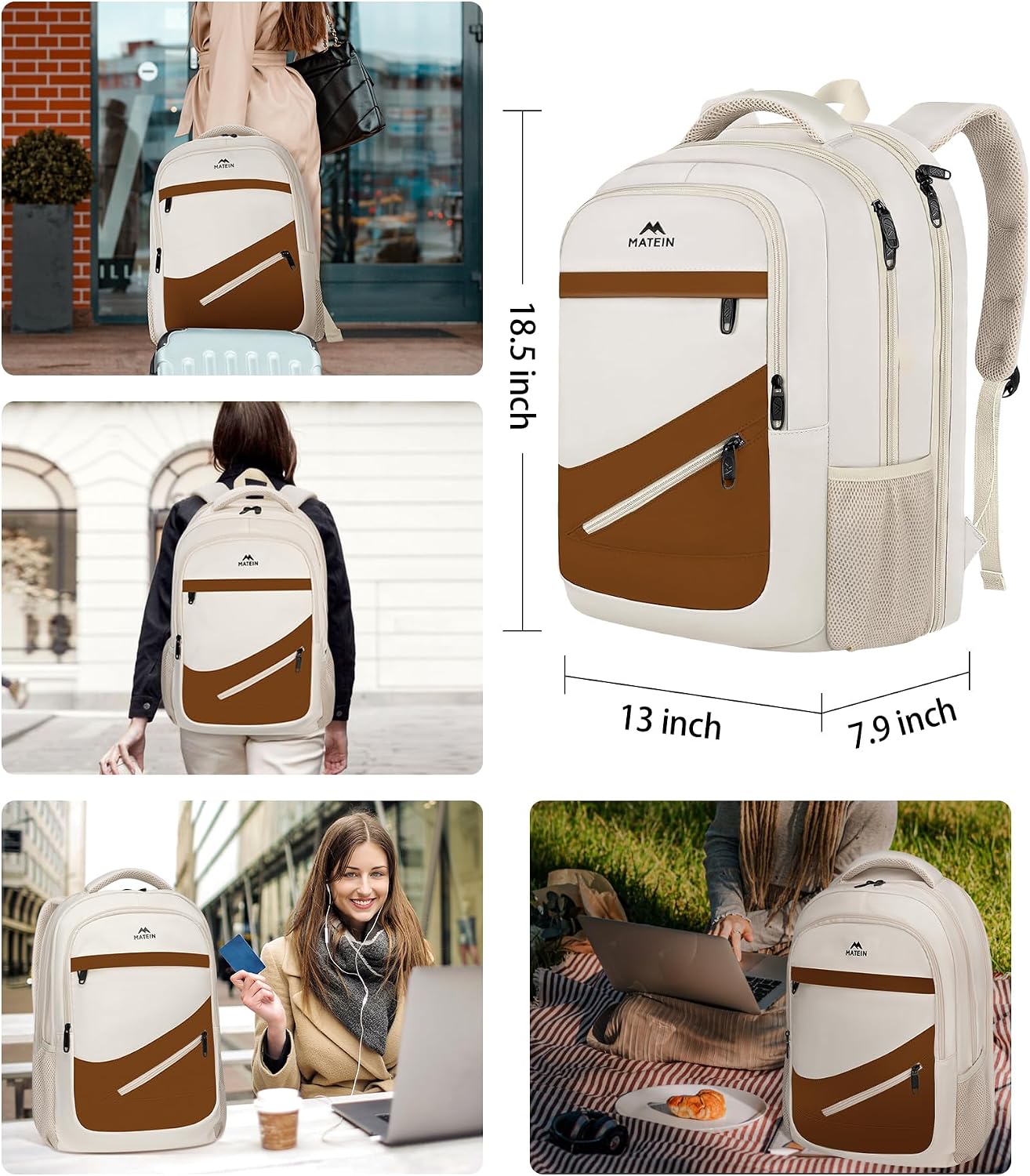 MATEIN Work Backpack for Women 17.3 In Laptop, Water Resistant Business Bag | Computer Backpack Fits 17" Notebook, TSA Approved Travel Back Pack with Multiple Pockets, Spacious Commute Bag, Beige Brown