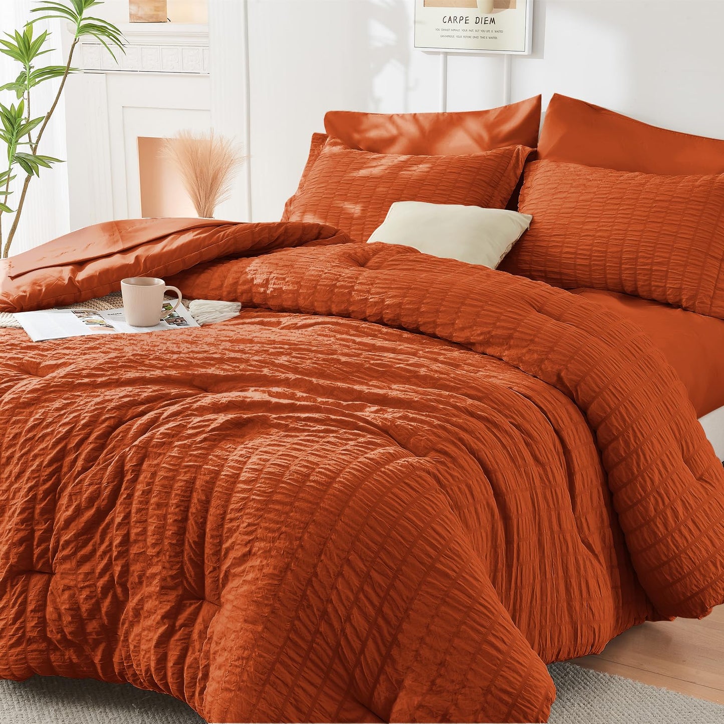 HYMOKEGE Black California King Comforter Set Seersucker 7 Pieces, All Season Luxury Bed in a Bag for Bedroom, Bedding Set with Comforters, Sheets, Pillowcases & Shams