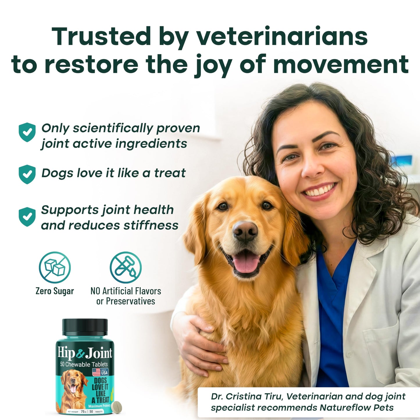 Natureflow Hip & Joint Supplement for Dogs, 300mg Green-Lipped Mussel for Dog Arthritis Pain Relief, Glucosamine, MSM & Chondroitin, Zero Sugar, Large Medium Small Breeds, 200 Chewable Tablets