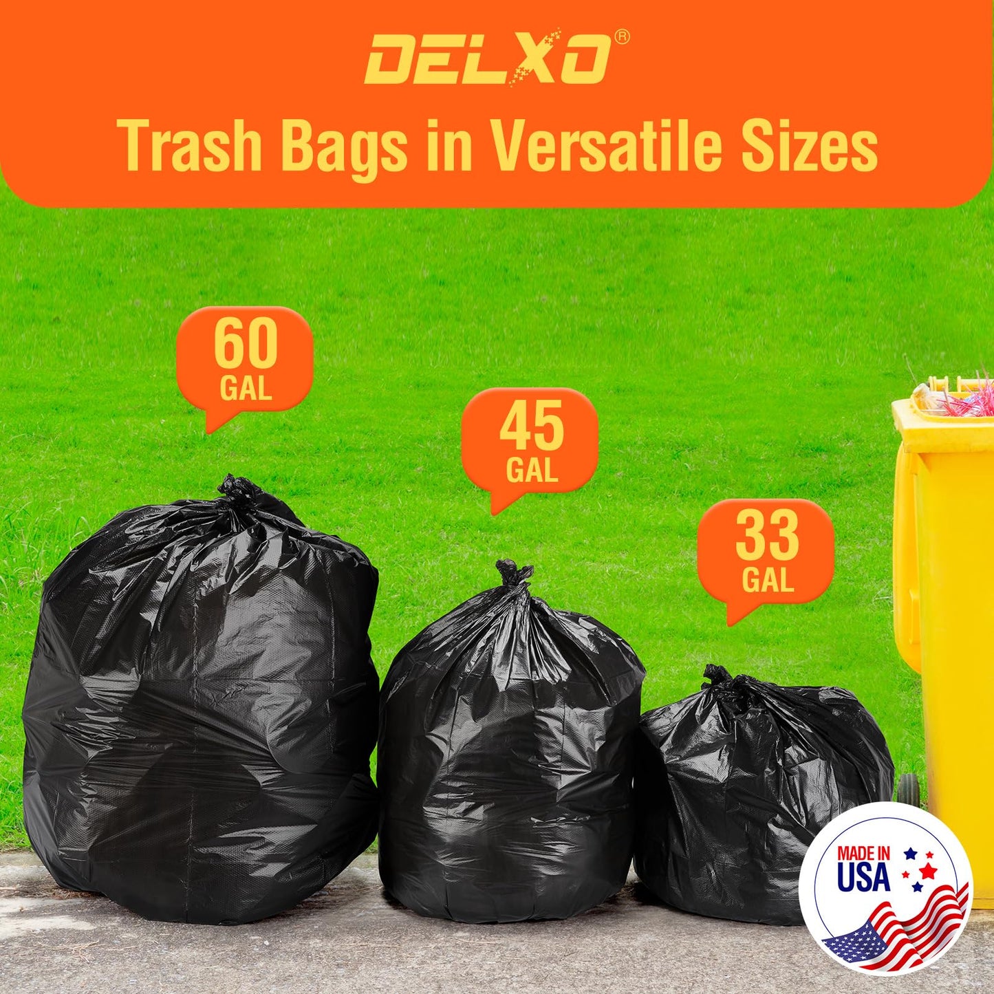 Delxo 30-33 Gallon Trash Bags, 250 Count – Medium Duty Garbage Bags, Thick, Durable & Puncture-Resistant Plastic Bolsas para basura, Perforated Design– Made in USA for Kitchen, Yard, Office (Black)