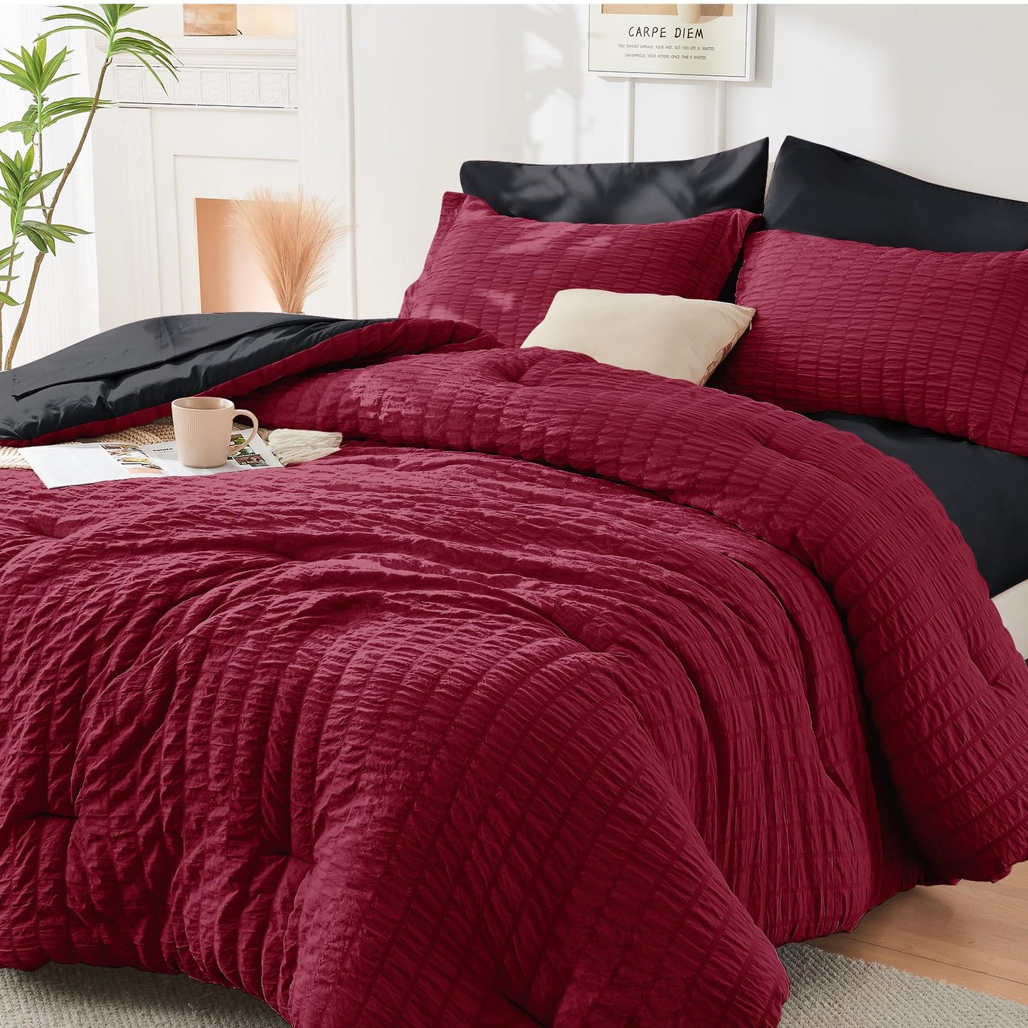 HYMOKEGE Black California King Comforter Set Seersucker 7 Pieces, All Season Luxury Bed in a Bag for Bedroom, Bedding Set with Comforters, Sheets, Pillowcases & Shams