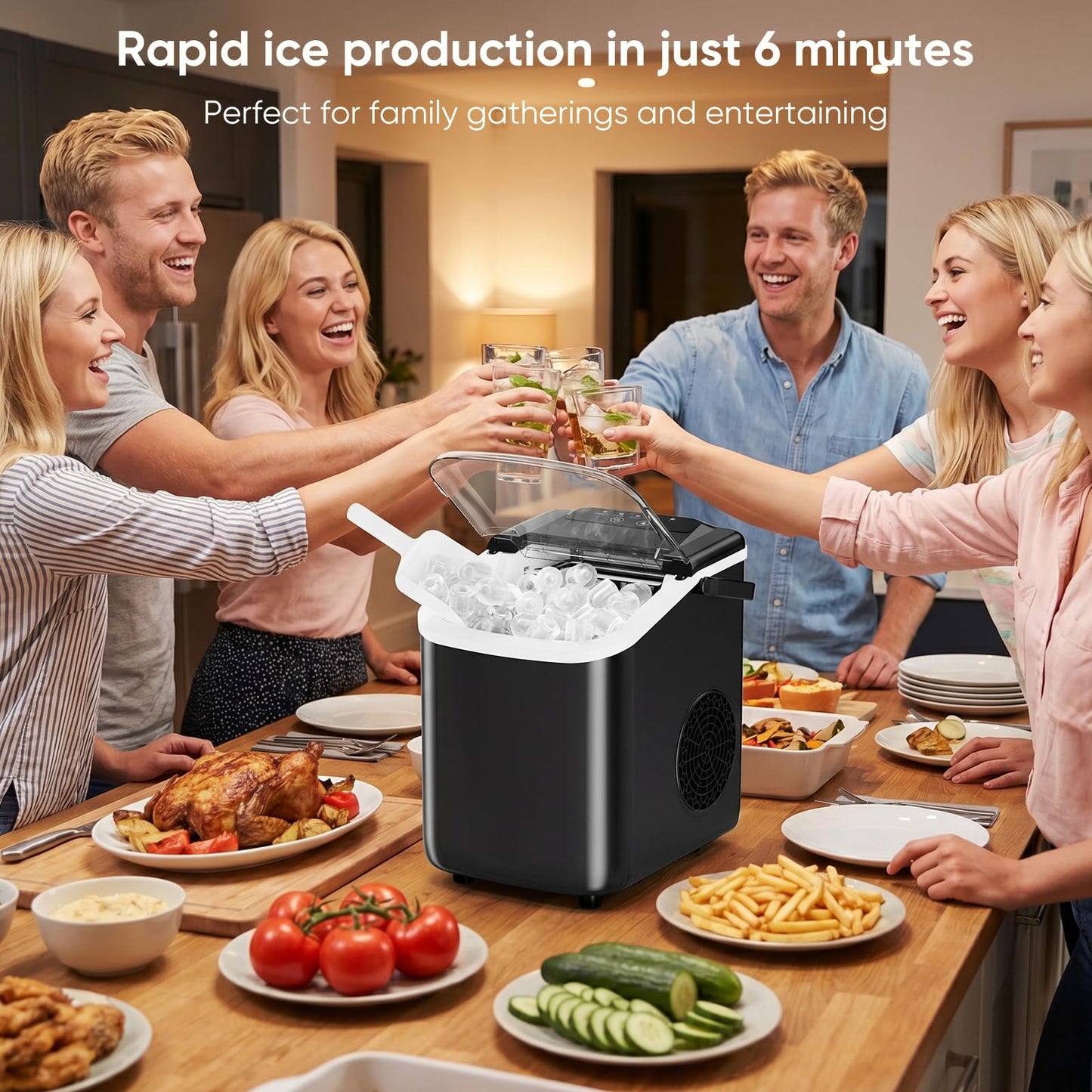 DUMOS Ice Maker Countertop, Ice Machine with Portable Handle, Basket and Scoop, 26lbs Daily, 9 Bullet Cubes in 6~8 Mins, Auto-Cleaning for Home, Kitchen, Office, Outdoors, RV Camping