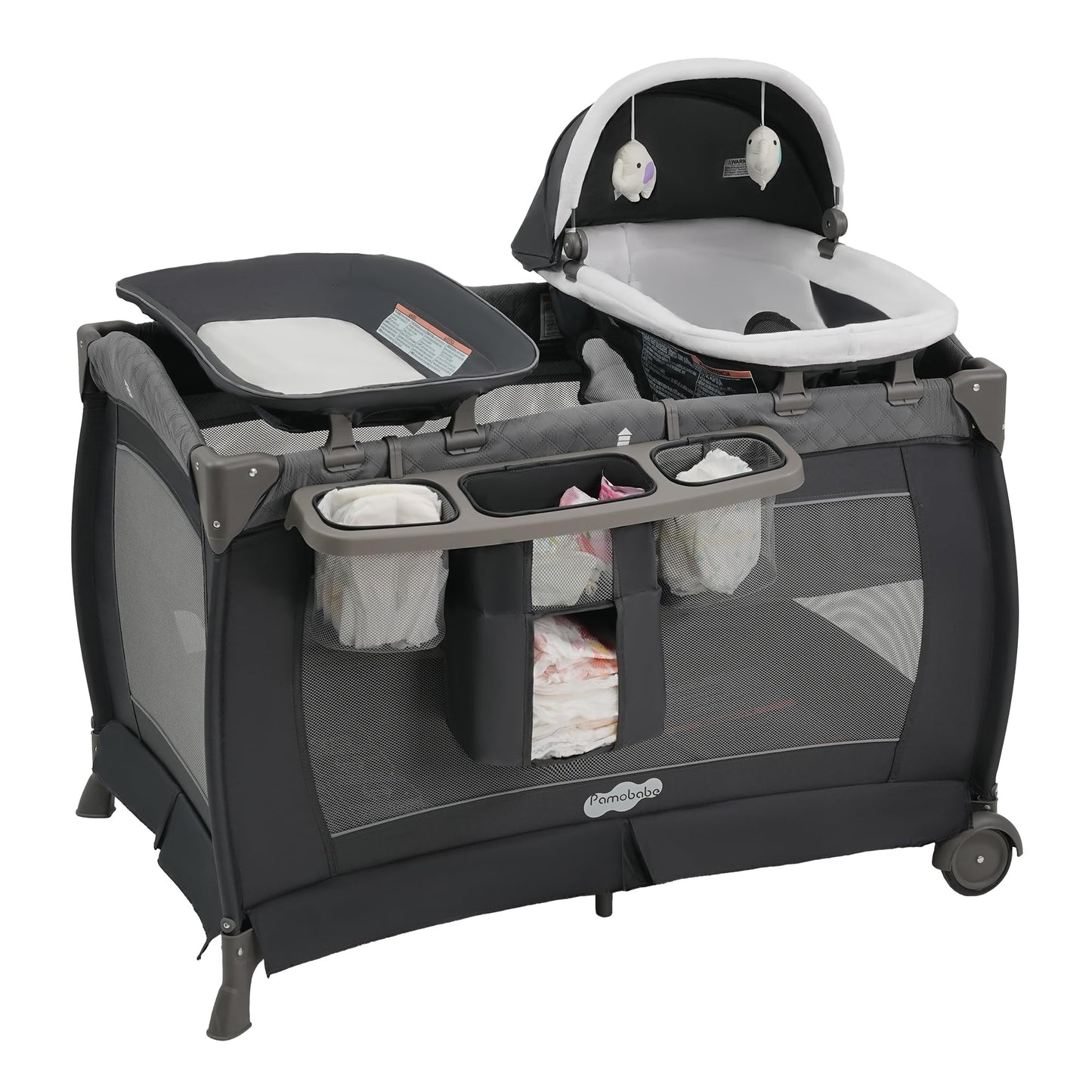 Pamo Babe Pack and Play 4-in-1 Baby Playard with Bassinet & Changing Table, Foldable Portable Playpen with Mattress, Nursery Center for Newborn to Toddler 0-36M-Grey