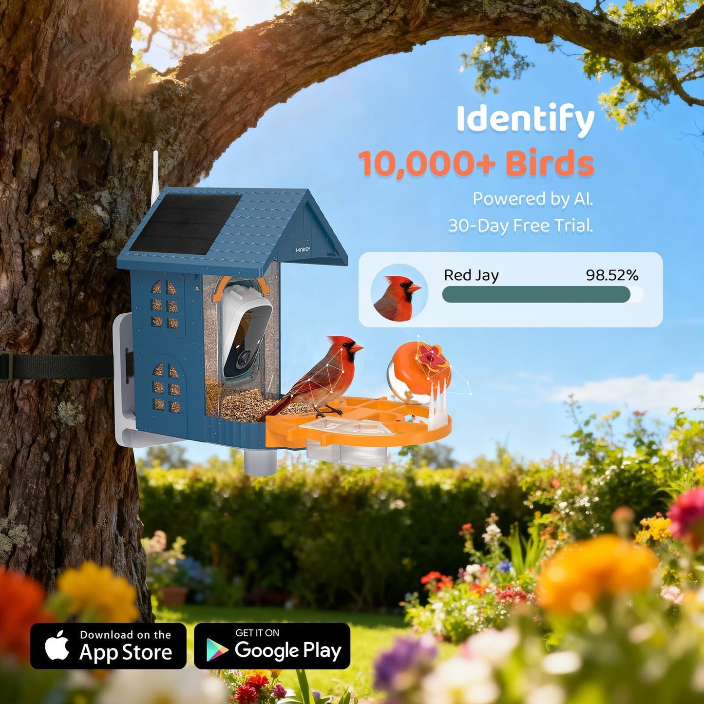 Smart Bird Feeder with Camera Outdoor Birdhouse:AI Identifies 11000+ Species, Features 3K HD Quality and Arrived Alerts Function,Powered by 3 Solar Panels,Gifts for Mom Dad Bird Lovers
