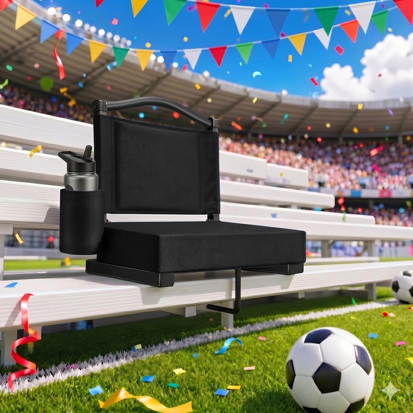 HABUTWAY Stadium Seats with Back Support and Thick Cushion Bleacher Seats with Backs and Cushion Wide, Stadium Chairs Include Shoulder Strap and Pocket, Perfect for Sports Events (Black)