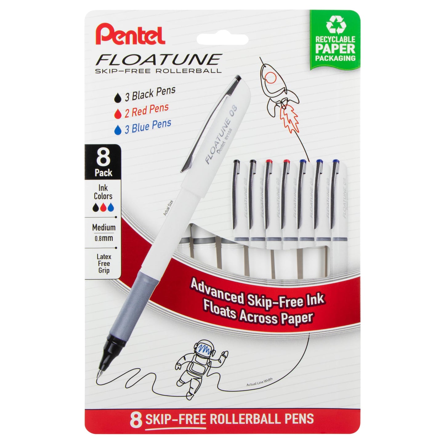 Pentel Floatune Rollerball Pen, (0.8mm), Medium Point, Black/Blue/Red Ink, Pack of 8 pens (BY108PF8OFC)