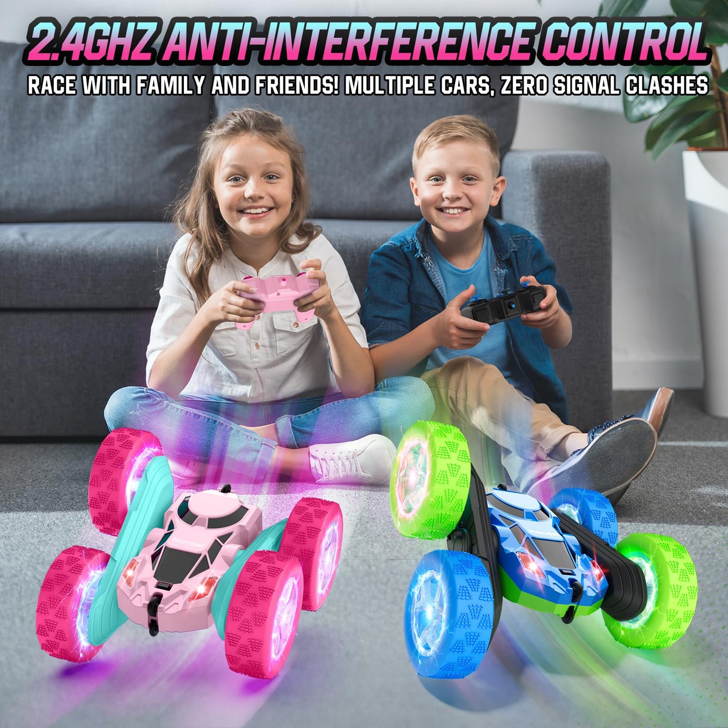 Hamdol Pink Remote Control Car for Girls, Double Sided with Shining Headlights & Wheel Lights, Girl Princess Toys, Rechargeable Toy Car for 6-7 6-8 9 10-12 Year Old Girls Birthday, Valentines Gift