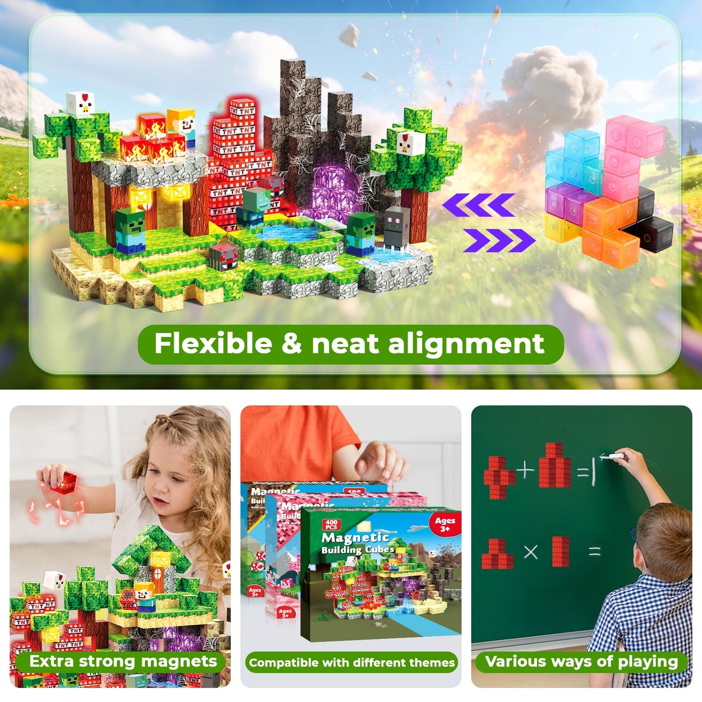 400 PCS Magnetic Blocks with Light Up Blocks - Magnetic Building Blocks, Magnetic Construction Cube Toys, STEM Sensory Learning Toys, Easter Christmas Birthday Gifts for Toddlers Boys and Girls Age 3+