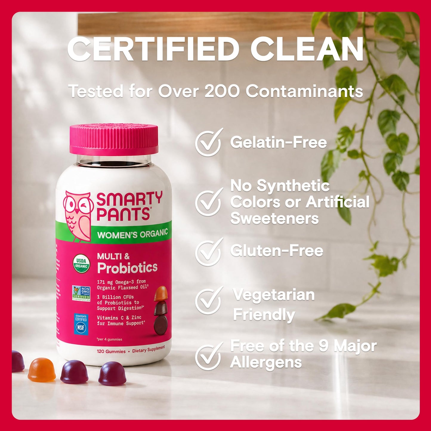 SmartyPants Women’s Organic Multi & Probiotics Multivitamin Gummies with Bacillus Subtilis [DE111], Omega 3 ALA, Methylfolate, Vitamin C, B12, Clean Label, 3 Fruit Flavors, 120 Count (30 Day Supply)