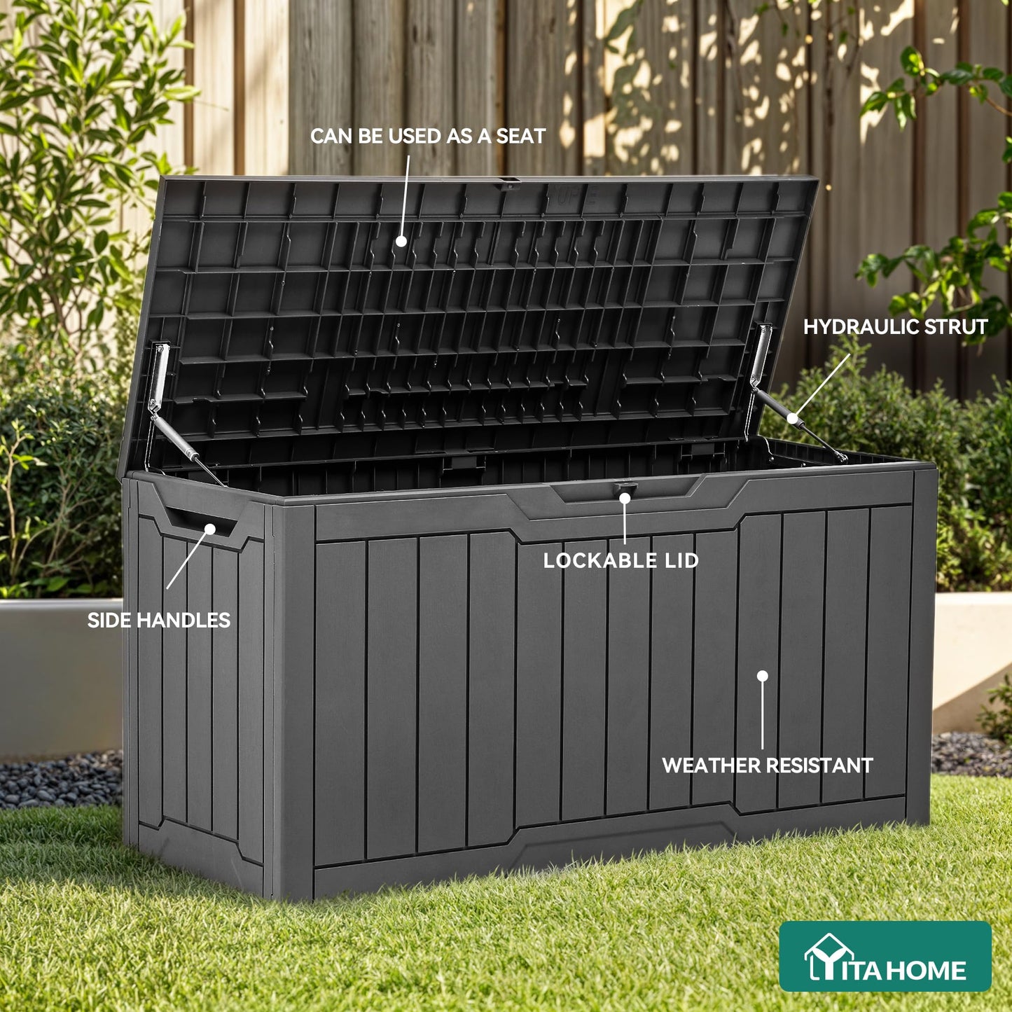 YITAHOME 80 Gallon Resin Deck Box, Weather Resistant Outdoor Storage Box, Lockable Indoor Outdoor Storage for Supplies and Essentials, Dark Gray