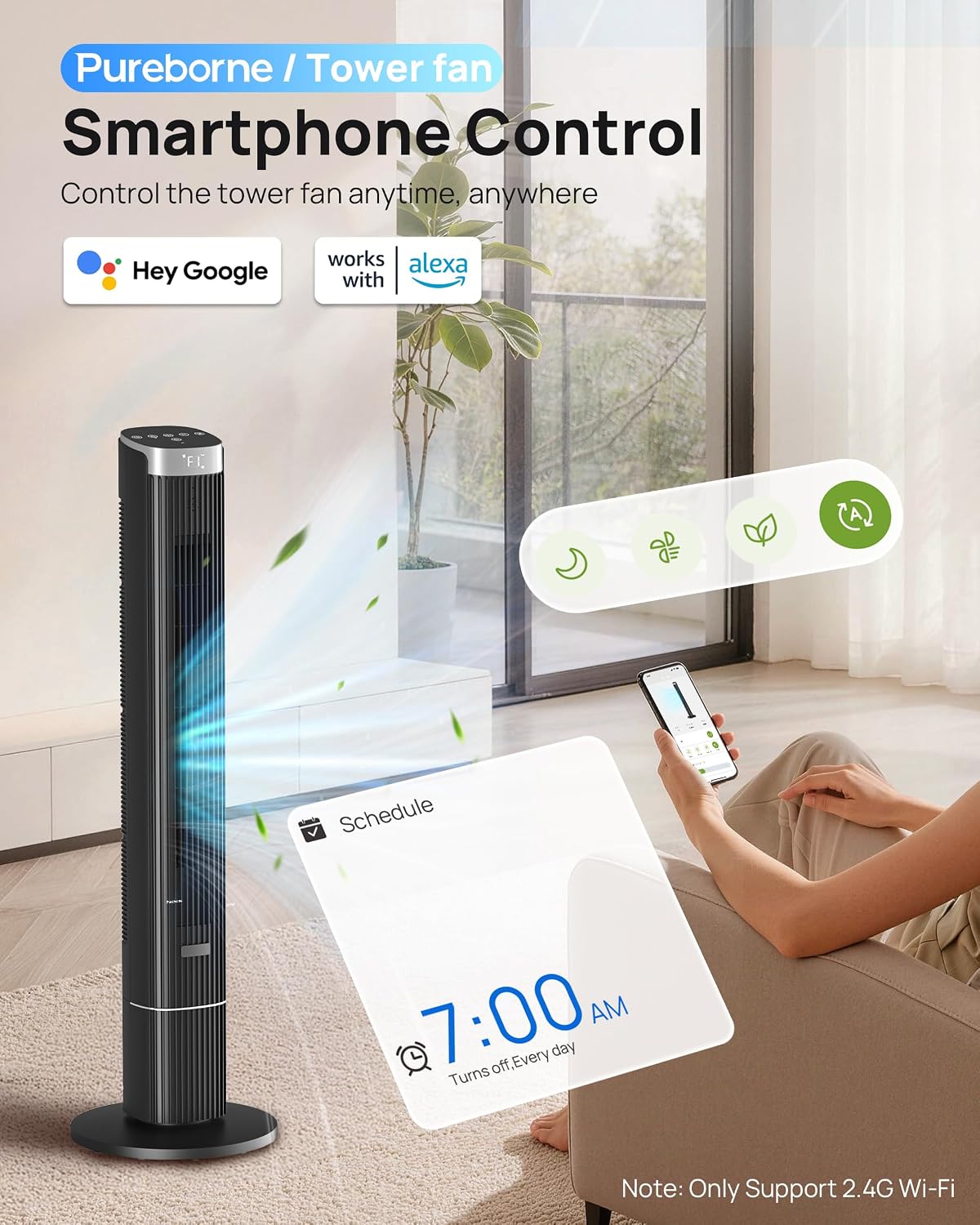 Tower Fan for Home Bedroom, 25dB Ultra-Quiet Sleep Mode, 25ft/s Smart Standing Fans, 90° Oscillating Floor Fan, Works with WiFi Voice Control, 4 Speeds 4 Modes, 12H Timer, 42” Black, 1 Pack