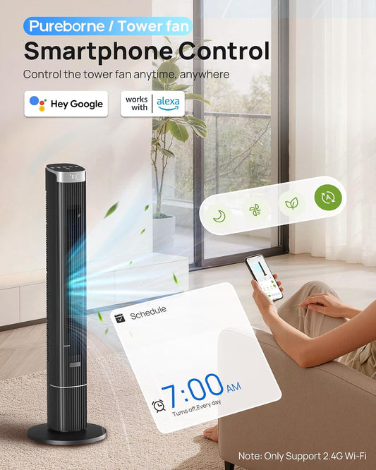 Tower Fan for Home Bedroom, 25dB Ultra-Quiet Sleep Mode, 25ft/s Smart Standing Fans, 90° Oscillating Floor Fan, Works with WiFi Voice Control, 4 Speeds 4 Modes, 12H Timer, 42” Black, 1 Pack