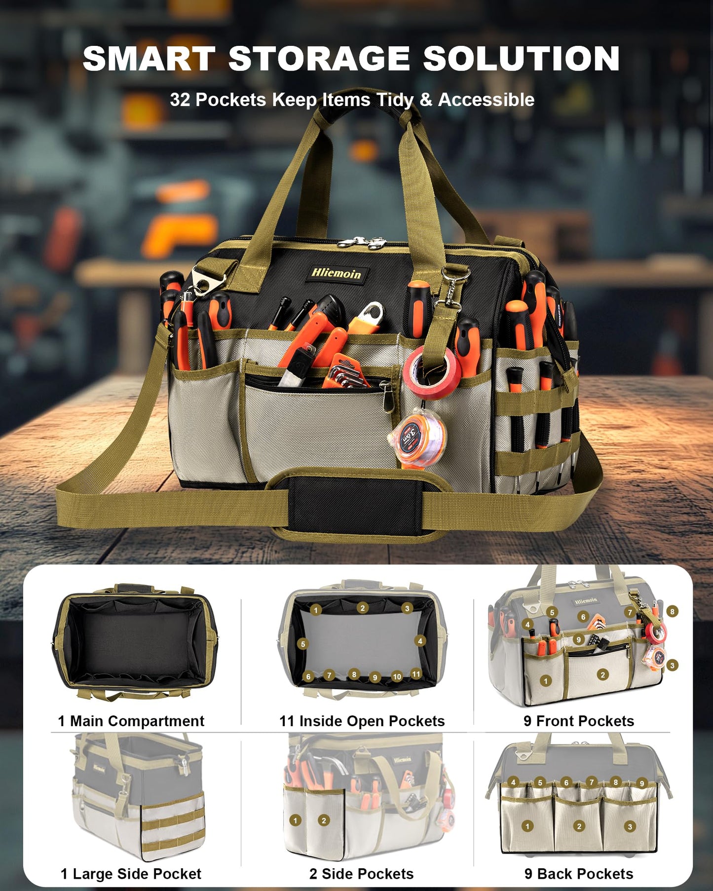 16.5-Inch Heavy Duty Tool Bags for Men, 32-Pocket Large Tool Organizer Storage, 1680D Oxford Tool Bag with Adjustable Shoulder Straps, Tool Storage Bag for HVAC, Electrician, Carpenter, Mechanic