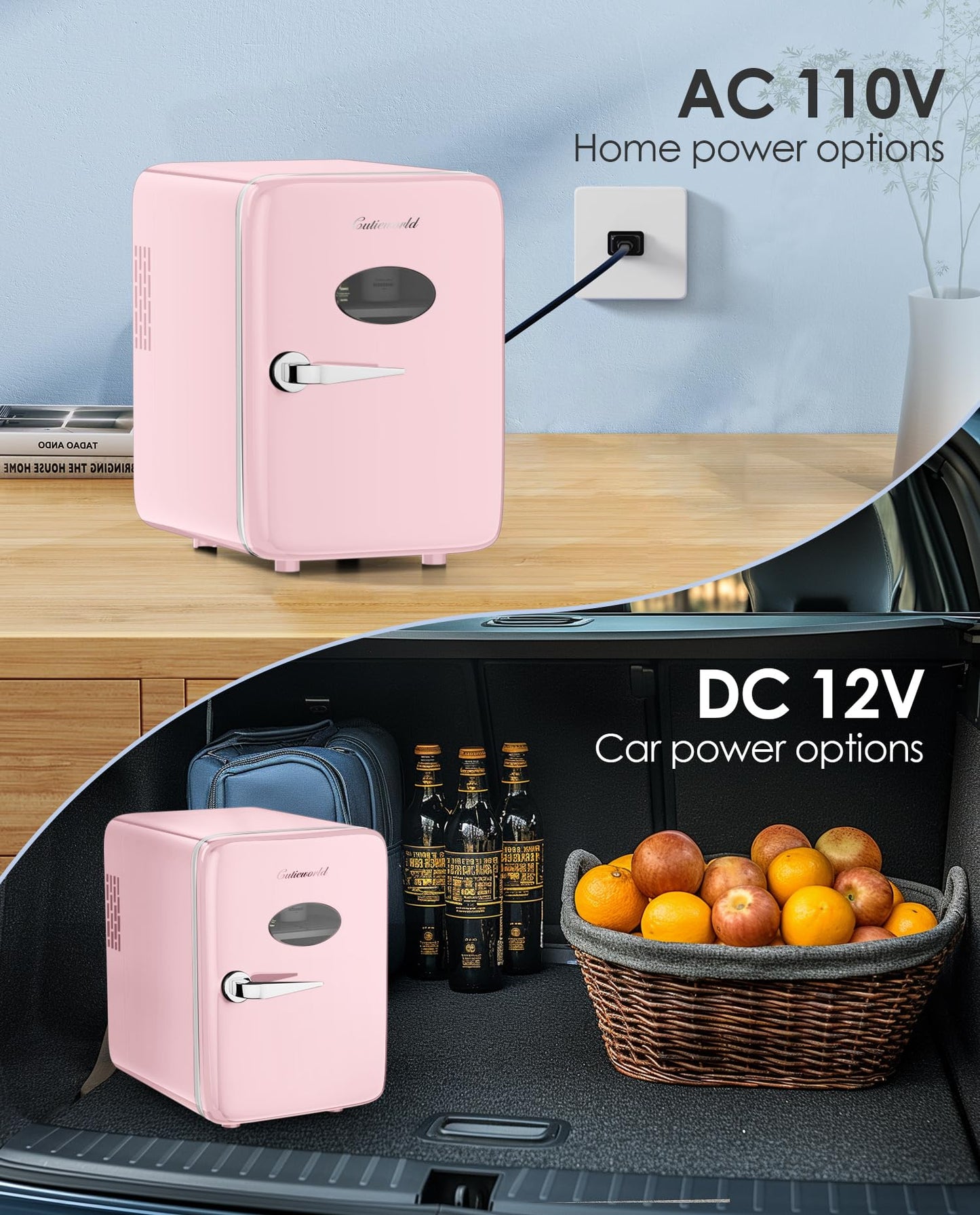 CUTIEWORLD Skincare Fridge - 4L Makeup Fridge for Refrigerating Makeup, Skincare and Food, Mini Fridge for Bedroom, Office and Car, Cooler and Warmer, Beverage Cooler, Leather Pink