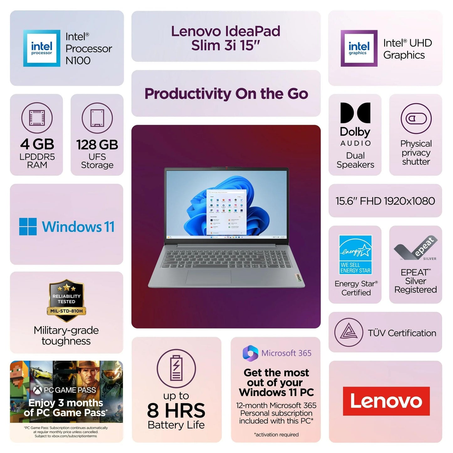 Lenovo IdeaPad Slim 3i 15.6" FHD Laptop • Microsoft Office 365 • Intel 4 Cores • DDR5 • 128GB SSD • Military-Grade • Windows 11 • Quick Setup, Lightweight • Essential Laptop • w/o Mouse
