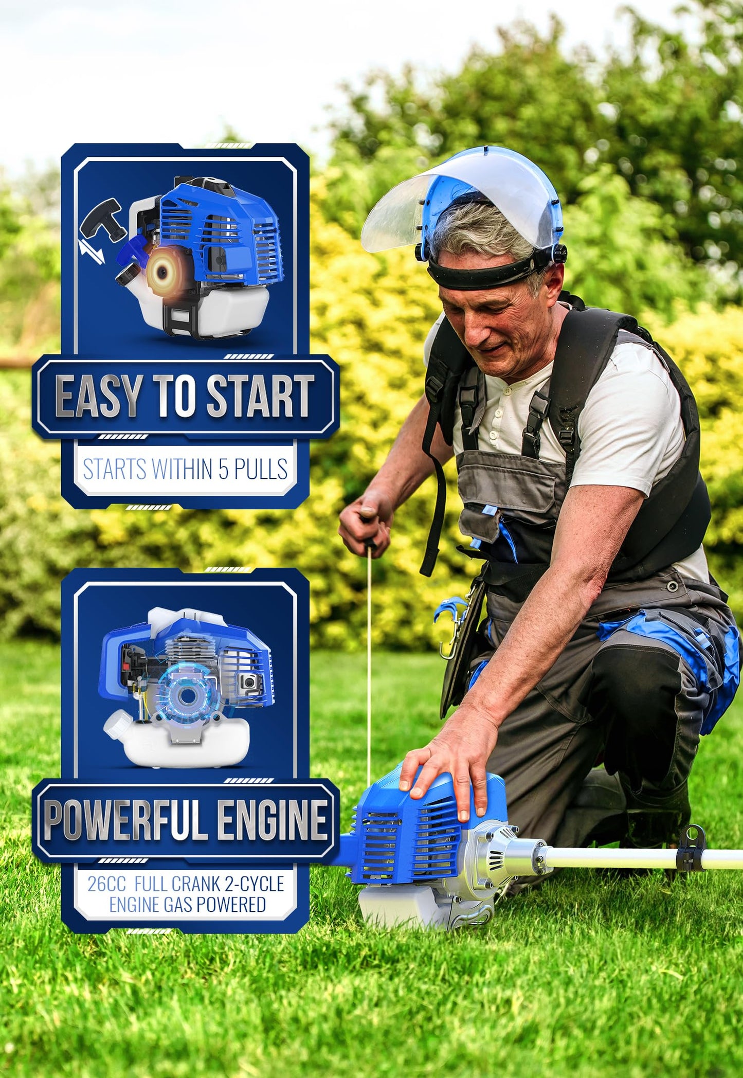 Wild Badger Power 26cc Gas Powered Weed Wacker Upgraded Gen 2, 3-in-1 String Trimmer/Edger 17" with 10" Brush Cutter, 1 Extra Trimmer Line Included, Full Crank Engine, Shoulder Strap