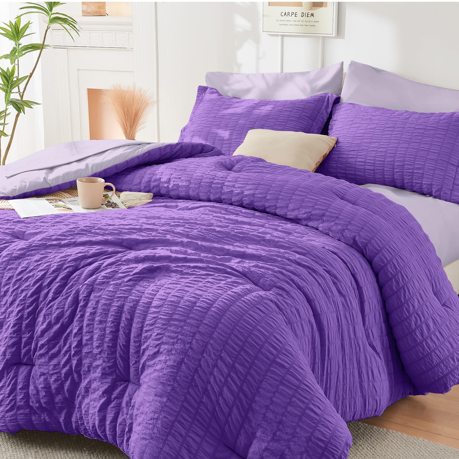HYMOKEGE Black California King Comforter Set Seersucker 7 Pieces, All Season Luxury Bed in a Bag for Bedroom, Bedding Set with Comforters, Sheets, Pillowcases & Shams