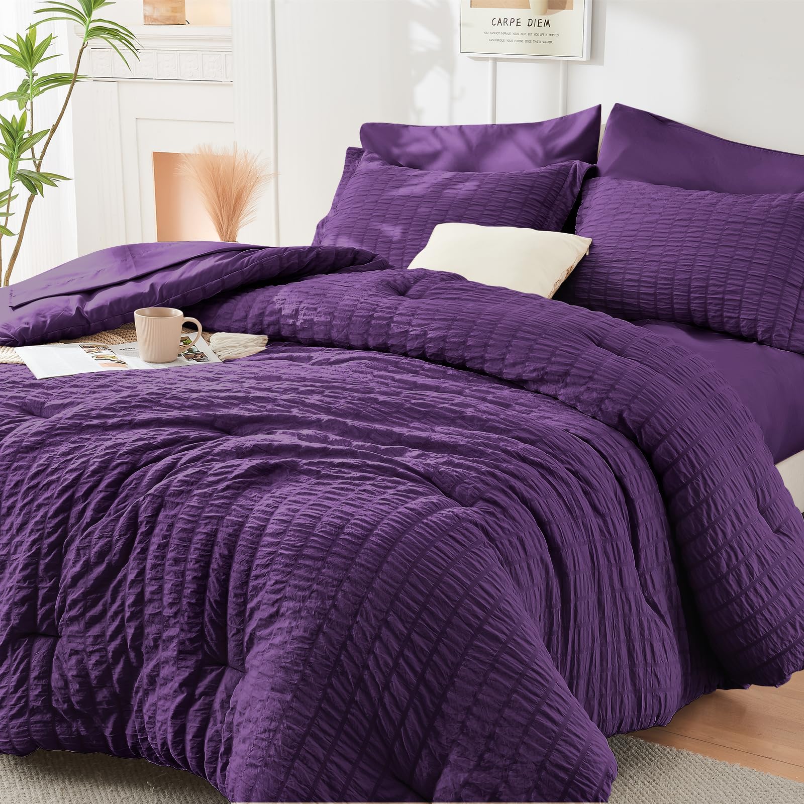 HYMOKEGE Black California King Comforter Set Seersucker 7 Pieces, All Season Luxury Bed in a Bag for Bedroom, Bedding Set with Comforters, Sheets, Pillowcases & Shams