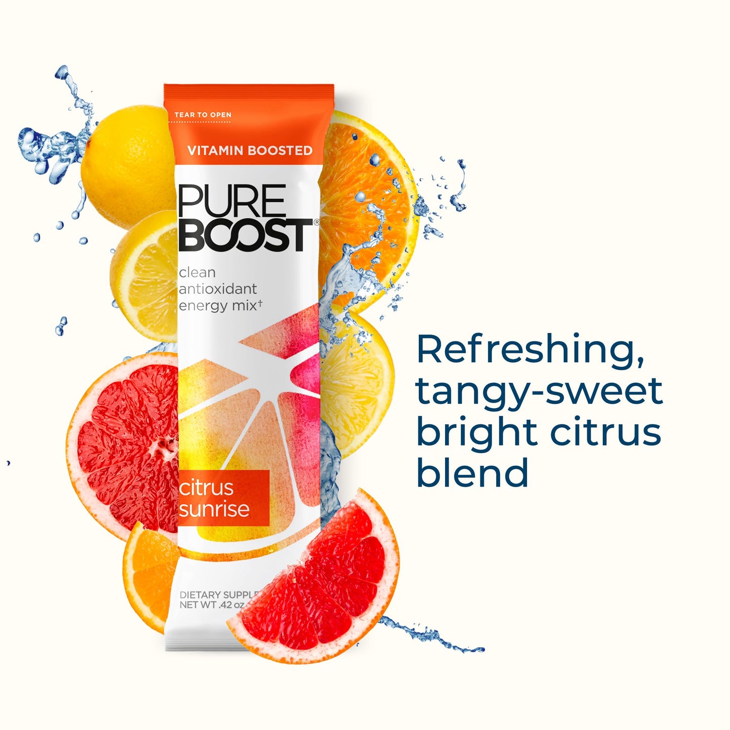 Pureboost Sugar-Free Clean Energy Booster, Citrus Sunrise 30 Count, Refreshing Energy Drink Mix with B12 Vitamins, Electrolytes, Antioxidants, with No Sucralose