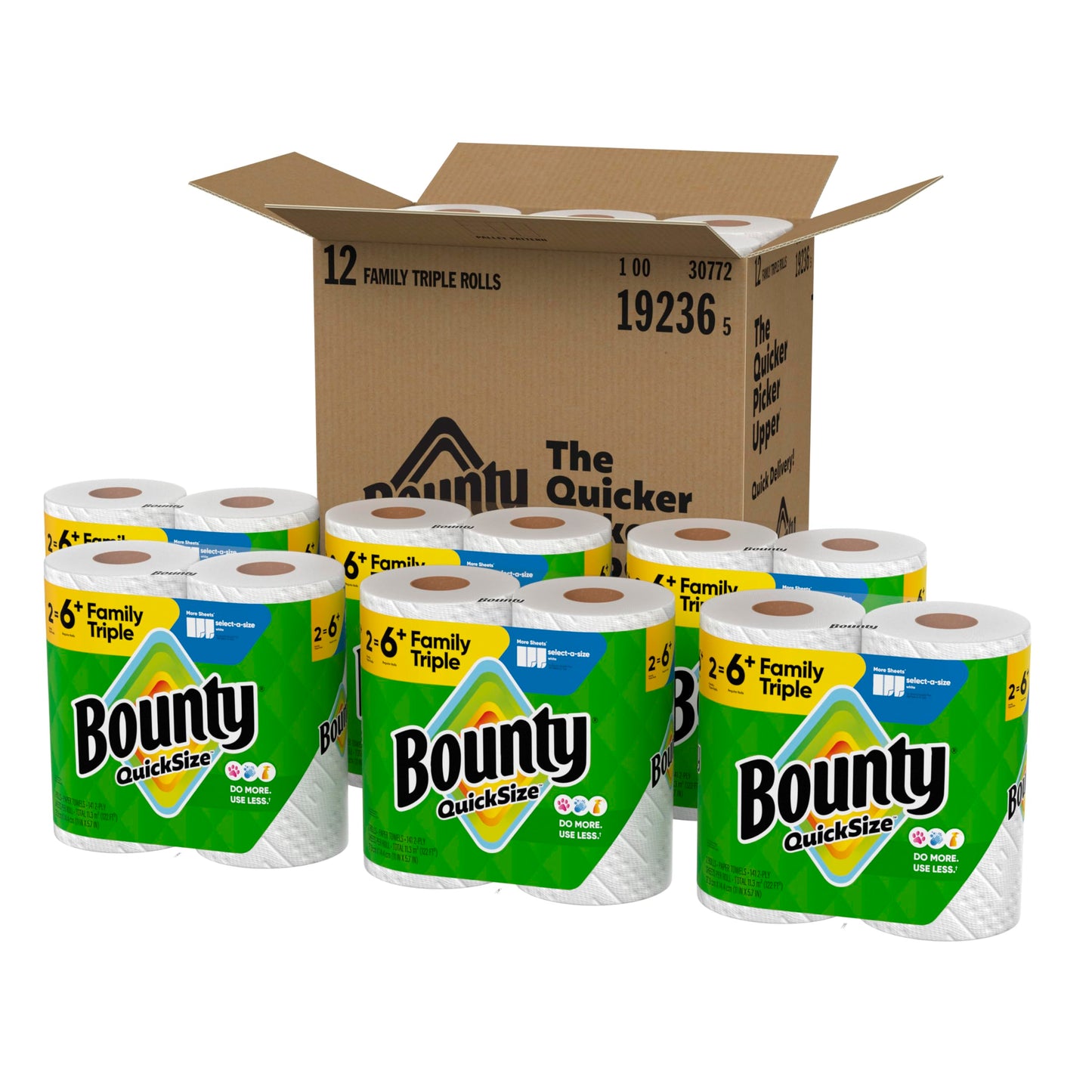 Bounty Quick-Size Paper Towels, White, 12 Family Triple = 40 Regular Rolls