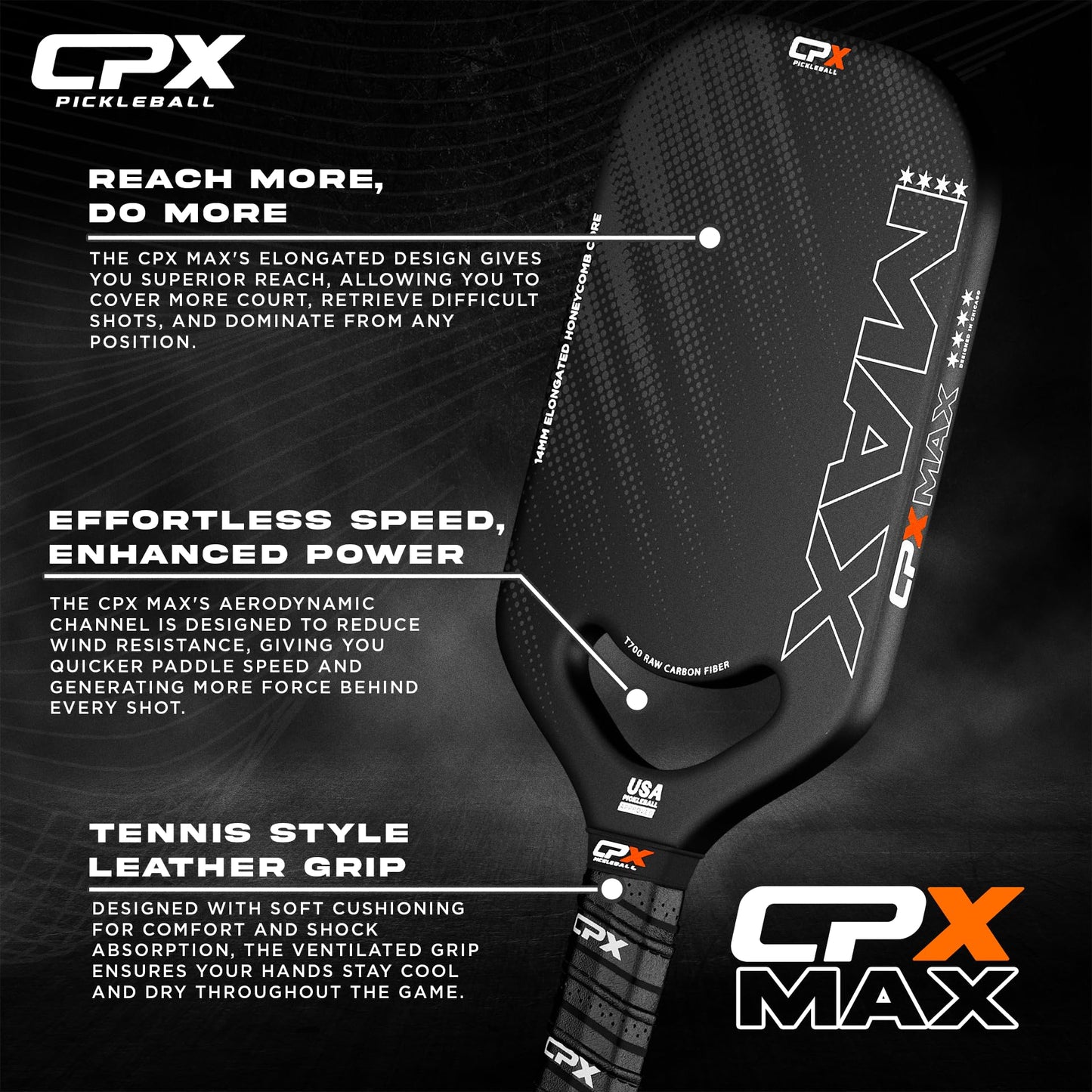 CPX MAX Series Raw Carbon Fiber T700 Pickleball Elongated Paddle Racket - Professional Grade, 14mm Core Thickness, Comfortable Tennis Style Grip - Durable Pickleball Paddle Designed in Chicago, USA