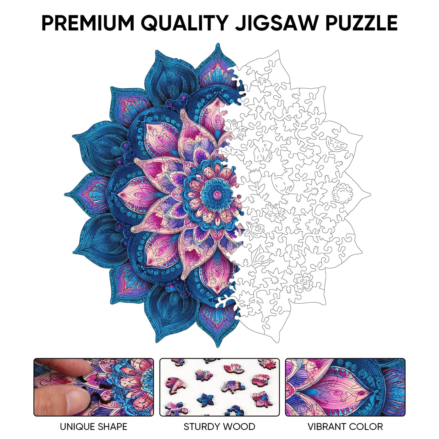 Ixfyloop Mandala Wooden Puzzles for Adults 471 Pieces, Lotus Jigsaw Puzzles Mindfulness Yoga Gift for Women, Relaxing Stress Relief Wooden Puzzles, Wood Puzzles Adult 16.4x16.5 inch