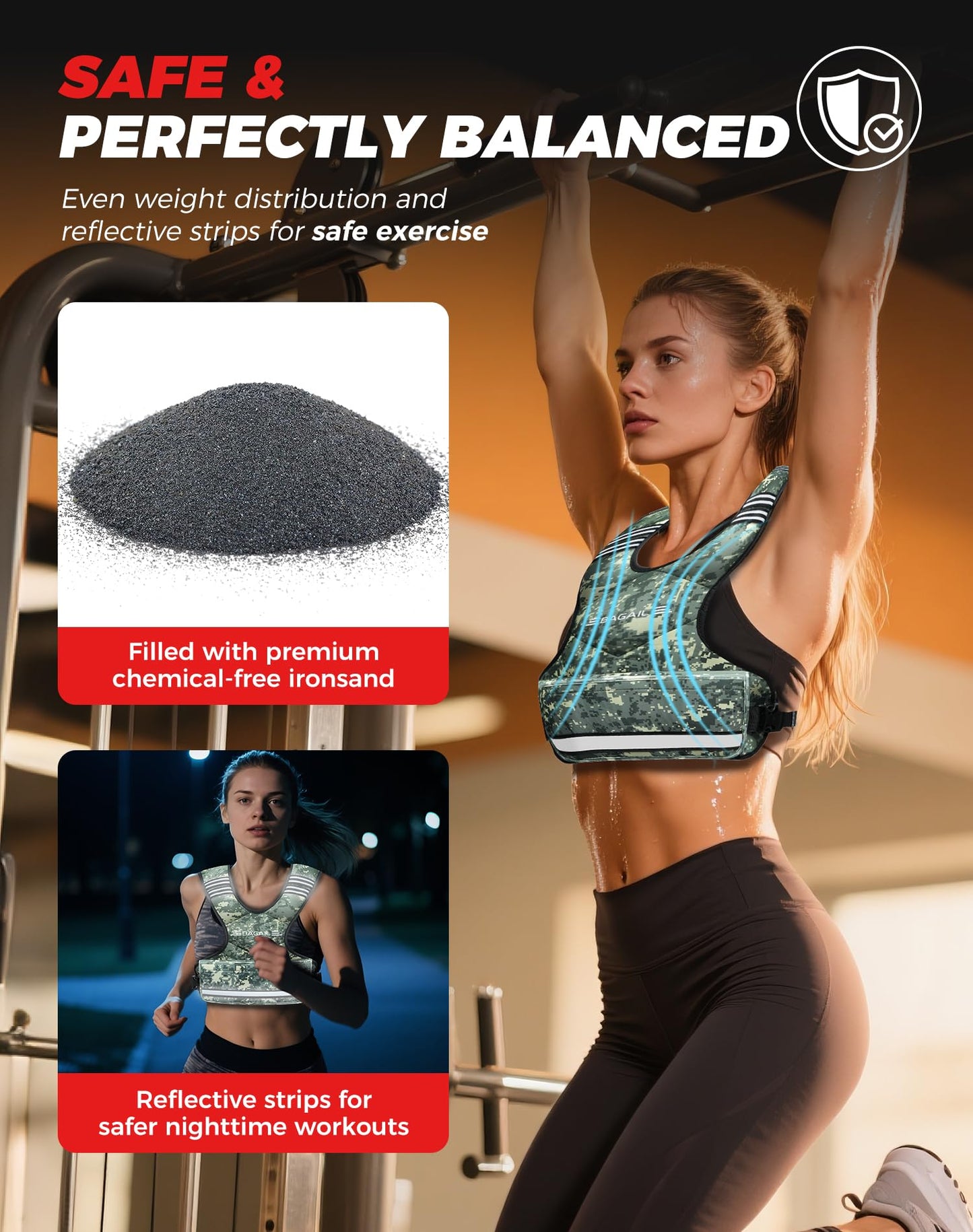 BAGAIL Adjustable Weighted Vest for Women 4-10lb, Comfortable U-Neck Rucking Vest with 6 Removable Weights, Storage Pocket and Reflective Strips for Walking, Jogging, Weight Loss & Home Workouts