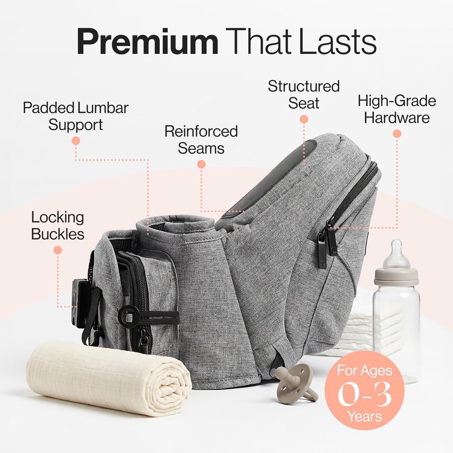 Tushbaby Original Hip Seat Baby Carrier for Babies & Toddlers up to 45 lbs, Safety Certified, Lightweight No-Foam Design with Storage, Grey