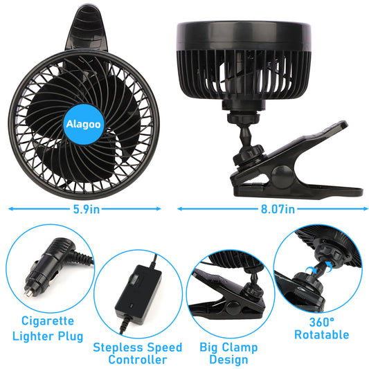 Alagoo Car Fan 6'' 12V Cool Gadgets Clip Fan for Front Rear Seat Passenger Portable Electric Air Fresh Fan with Cigarette Lighter Plug for Cars/Vehicle SUV, RV