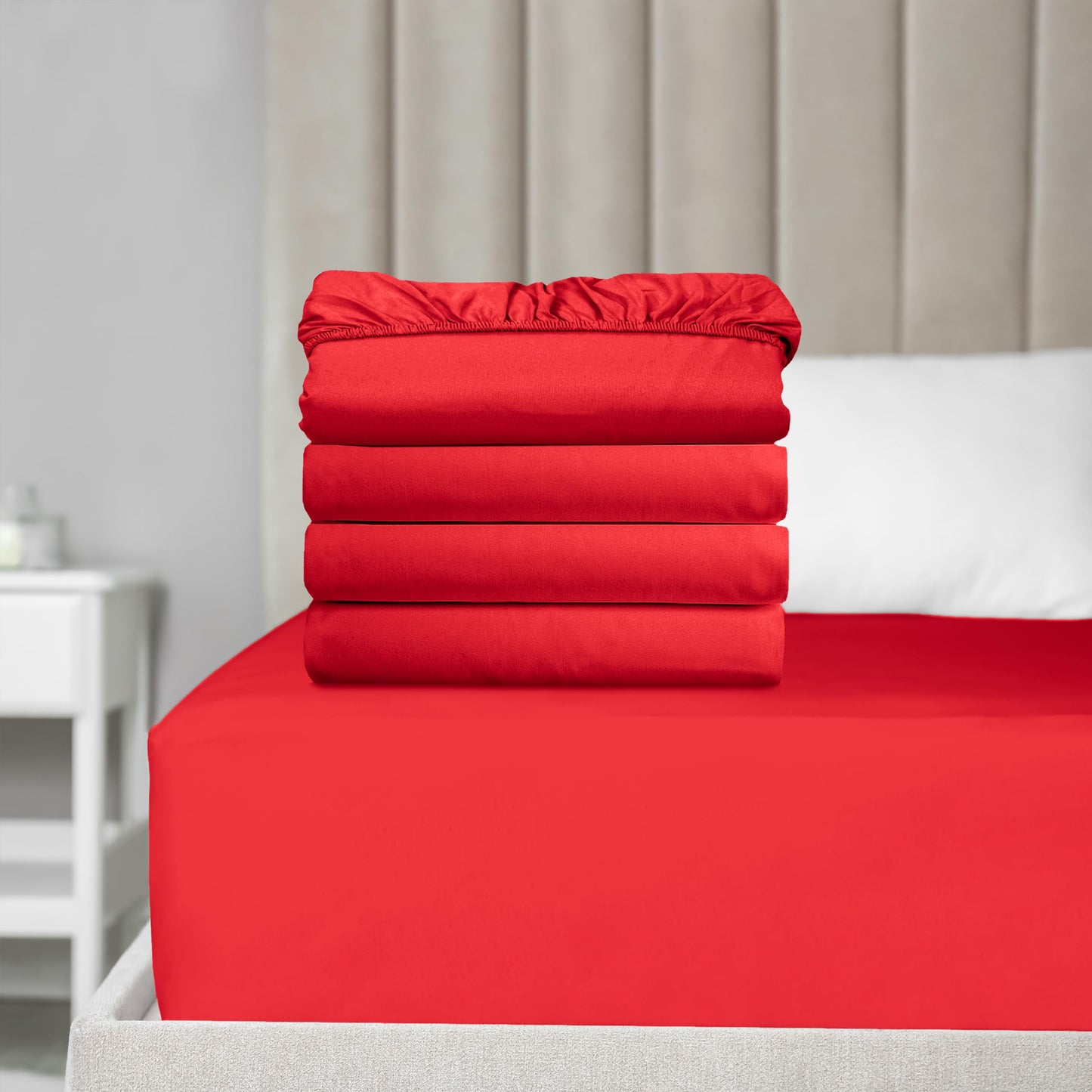 Elegant Comfort Super Soft Bulk 4-Pack Extra Deep Pocket 1500 Premium Hotel Quality Microfiber Fitted Sheet for High Mattress up to 21" inch with Double Sided Smart Pockets, Queen, Red