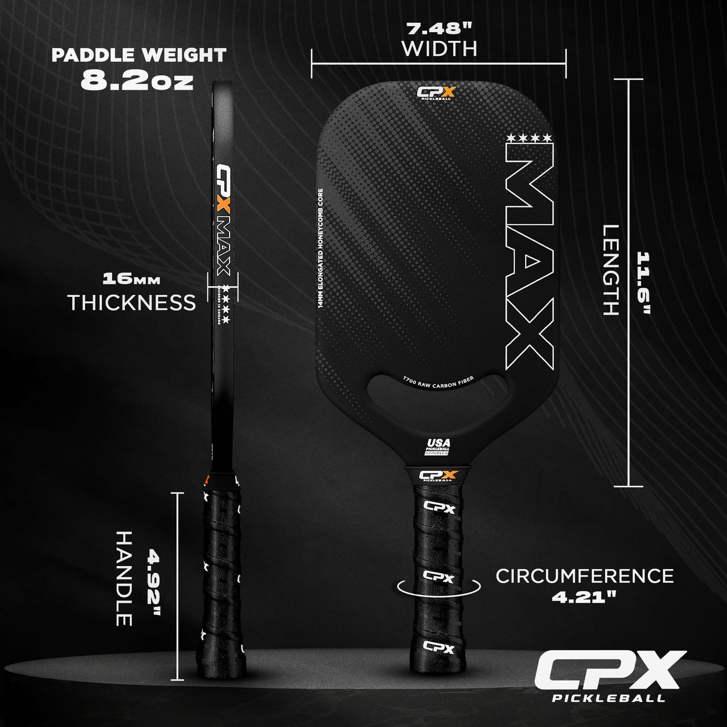 CPX MAX Series Raw Carbon Fiber T700 Pickleball Elongated Paddle Racket - Professional Grade, 14mm Core Thickness, Comfortable Tennis Style Grip - Durable Pickleball Paddle Designed in Chicago, USA