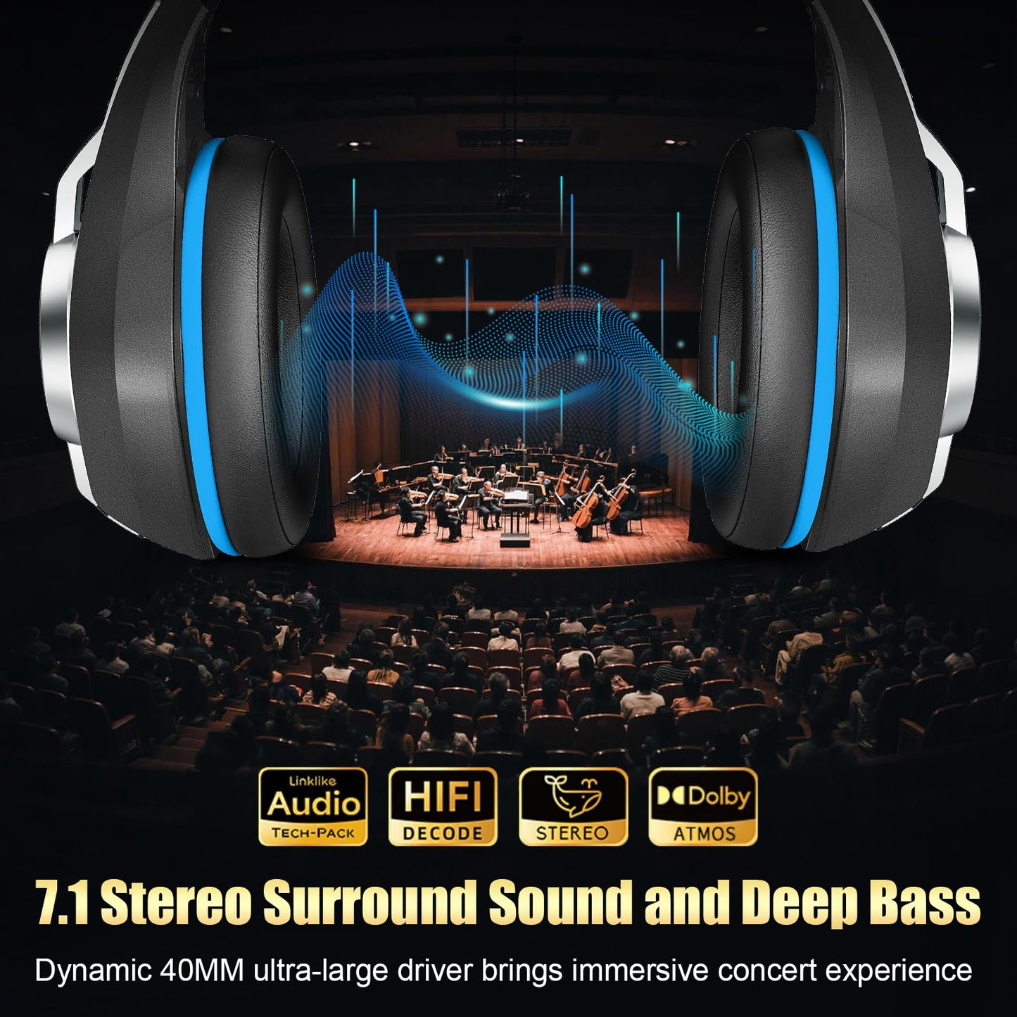 2.4GHz Wireless Gaming Headsets for PS5/PS4/PC/Switch/Xbox One, RGB Noise Cancelling Over-Ear Headphones with 7.1 Surround Sound, 40mm Drivers, 276g Ultraligero, Memory Foam, 45H Gaming Headphones