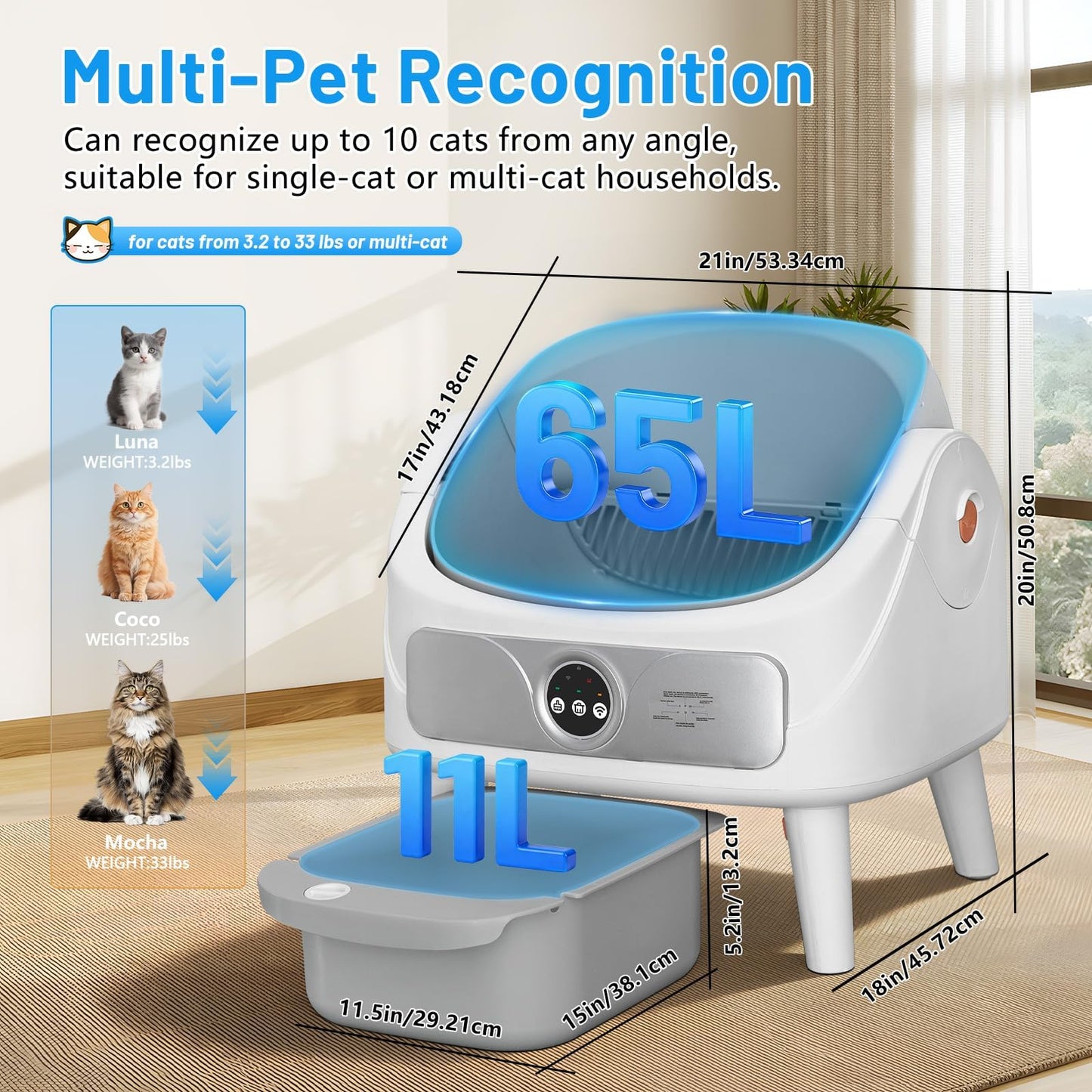 SUW Self Cleaning Cat Litter Box, Open-Top Automatic Litter Box for Multiple Cats, Large Capacity Robot, APP Control, Safety Protection, 2 Rolls Litter Liners Bag, 1 Odor Eliminator, Cat Gift