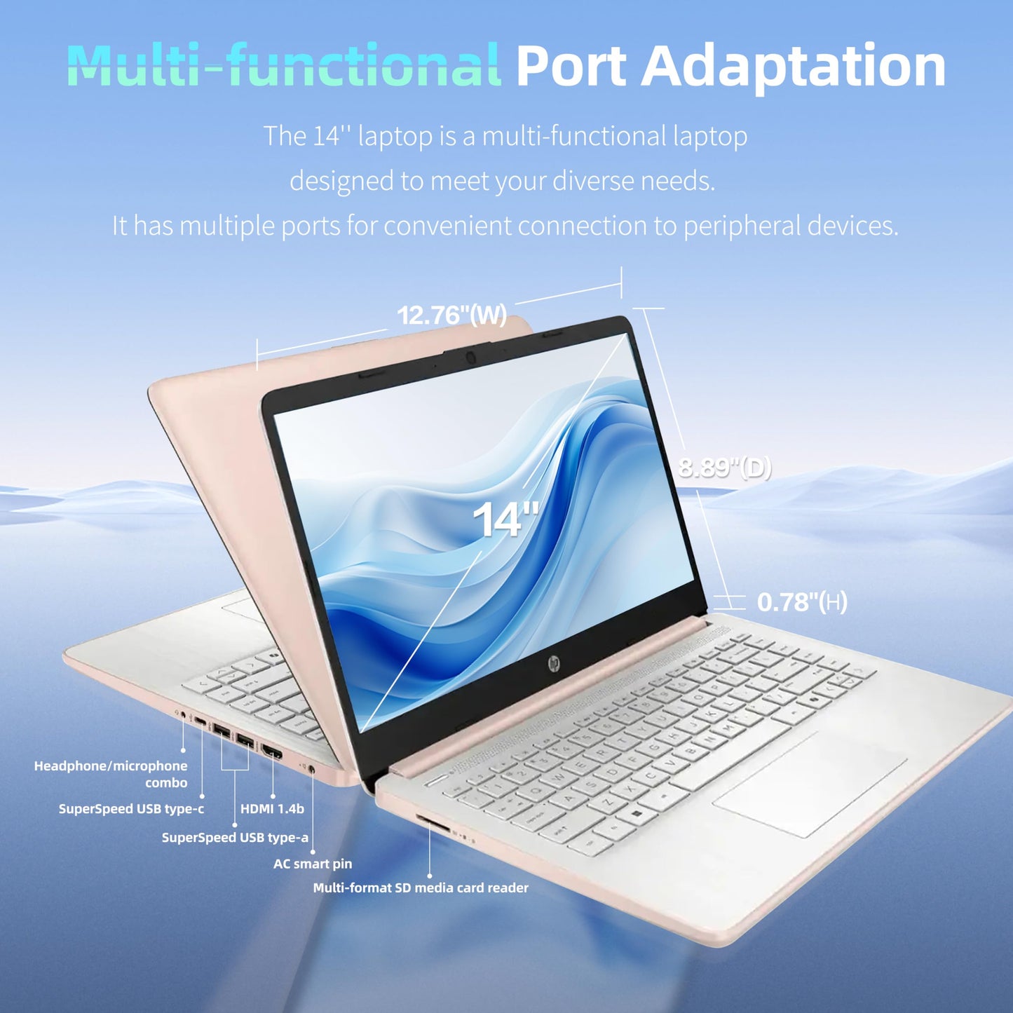HP Essential Laptop Computer for Student Daily Study, Microsoft Office 365, Intel N150, 4GB RAM, 128GB Storage, 500GB External HDD, Long Battery Life & Fast Charging, Windows 11 Home, Rose Gold