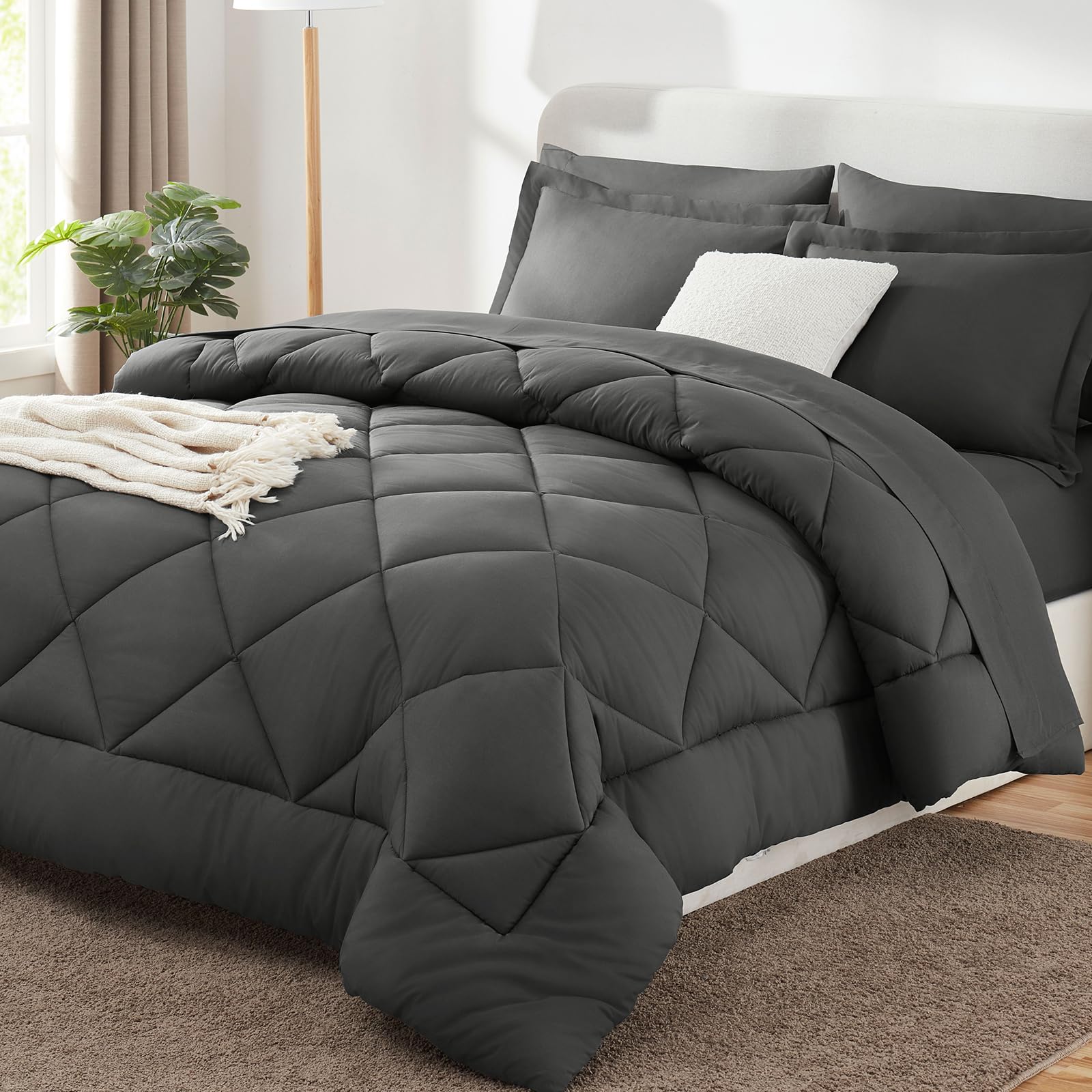 CozyLux Twin XL Comforter Set Dark Grey - 5 Pieces Twin Extra Long Bed in a Bag for College Dorm, All Season Bedding Set for Girls and Boys, Soft Bed Set with Comforter, Sheets, Pillowcase & Sham