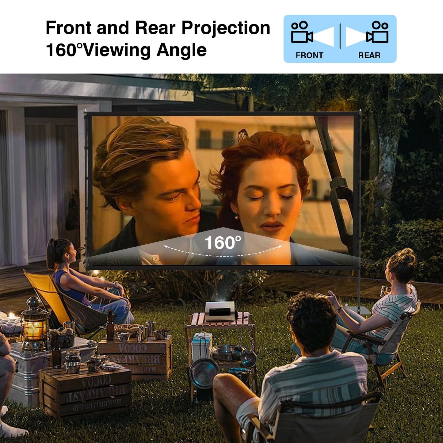 STWUI Outdoor-Projector-Screen-with-Stand - 120 inch Portable Projection Screen Indoor Outdoor Projector Screens 16:9 4K HD Lightweight Movie Screen with Carry Bag for Backyard Movie Night 1pcs