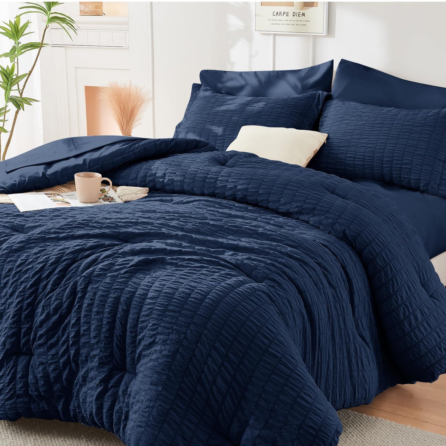 HYMOKEGE Black California King Comforter Set Seersucker 7 Pieces, All Season Luxury Bed in a Bag for Bedroom, Bedding Set with Comforters, Sheets, Pillowcases & Shams