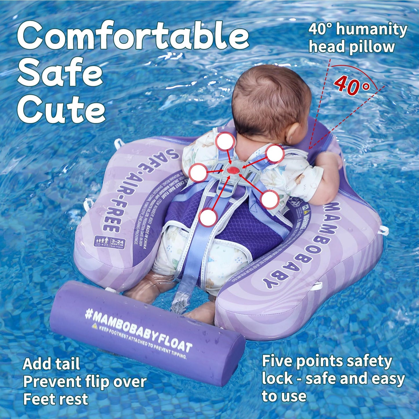 Mambobaby Float with Canopy Size Improved Non Inflatable Infant Pool Float Smart Mambo Float Swim Trainer Add Tail Baby Swim Float Mambo Baby Float Solid Air Free Water Waist Swimming Ring