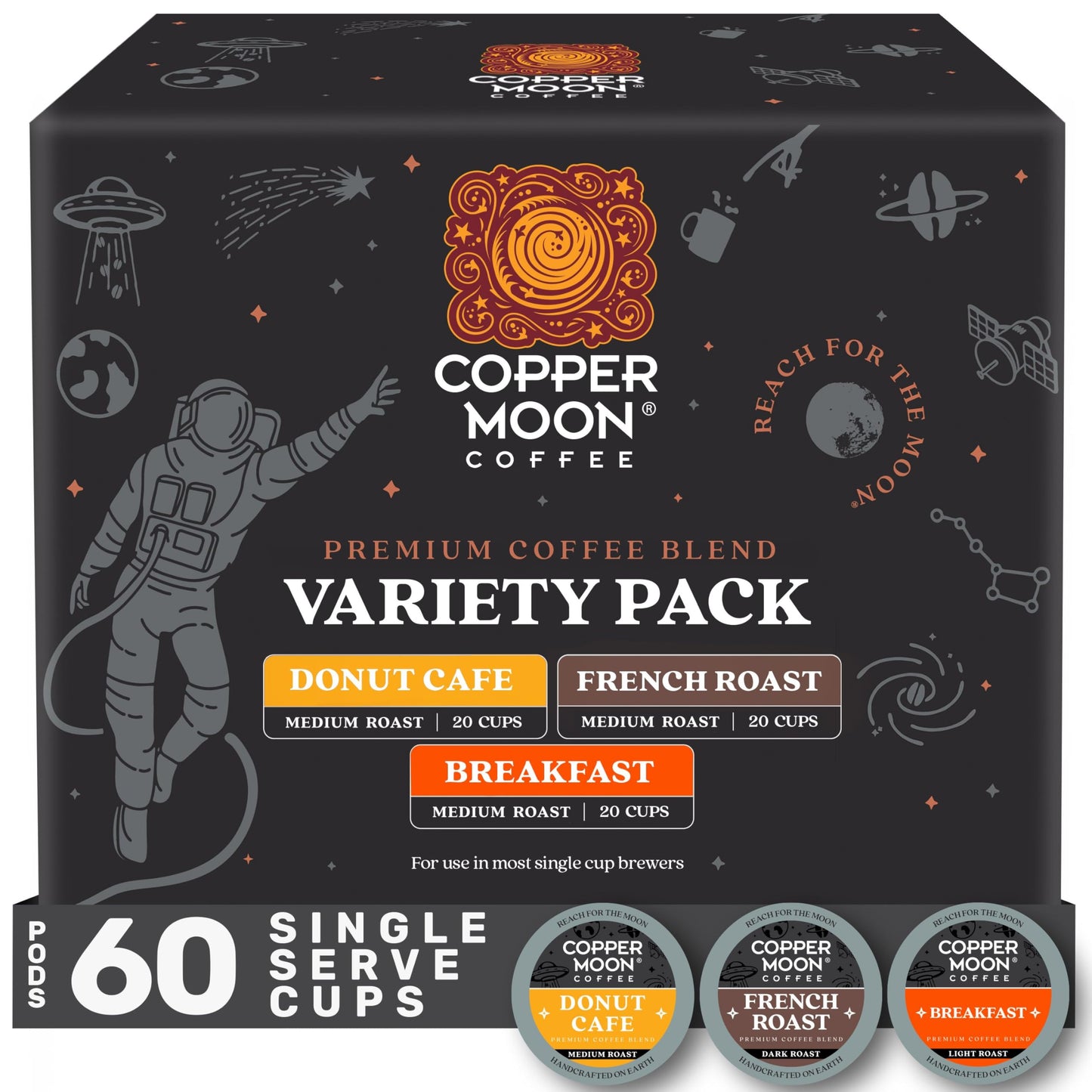 Copper Moon Single Serve Coffee Pods For Keurig K-Cup Brewers, Variety Pack (Breakfast, Donut Cafe, French Roast), 60 Count