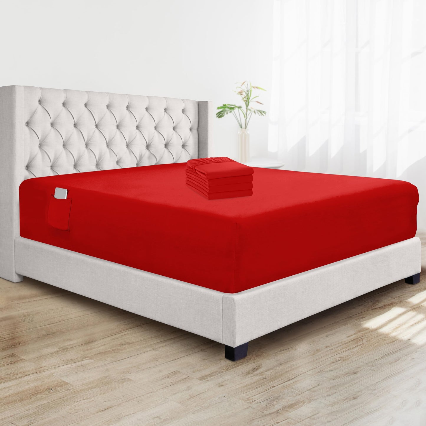 Elegant Comfort Super Soft Bulk 4-Pack Extra Deep Pocket 1500 Premium Hotel Quality Microfiber Fitted Sheet for High Mattress up to 21" inch with Double Sided Smart Pockets, Queen, Red
