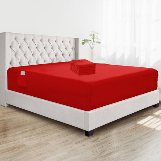 Elegant Comfort Super Soft Bulk 4-Pack Extra Deep Pocket 1500 Premium Hotel Quality Microfiber Fitted Sheet for High Mattress up to 21" inch with Double Sided Smart Pockets, Queen, Red