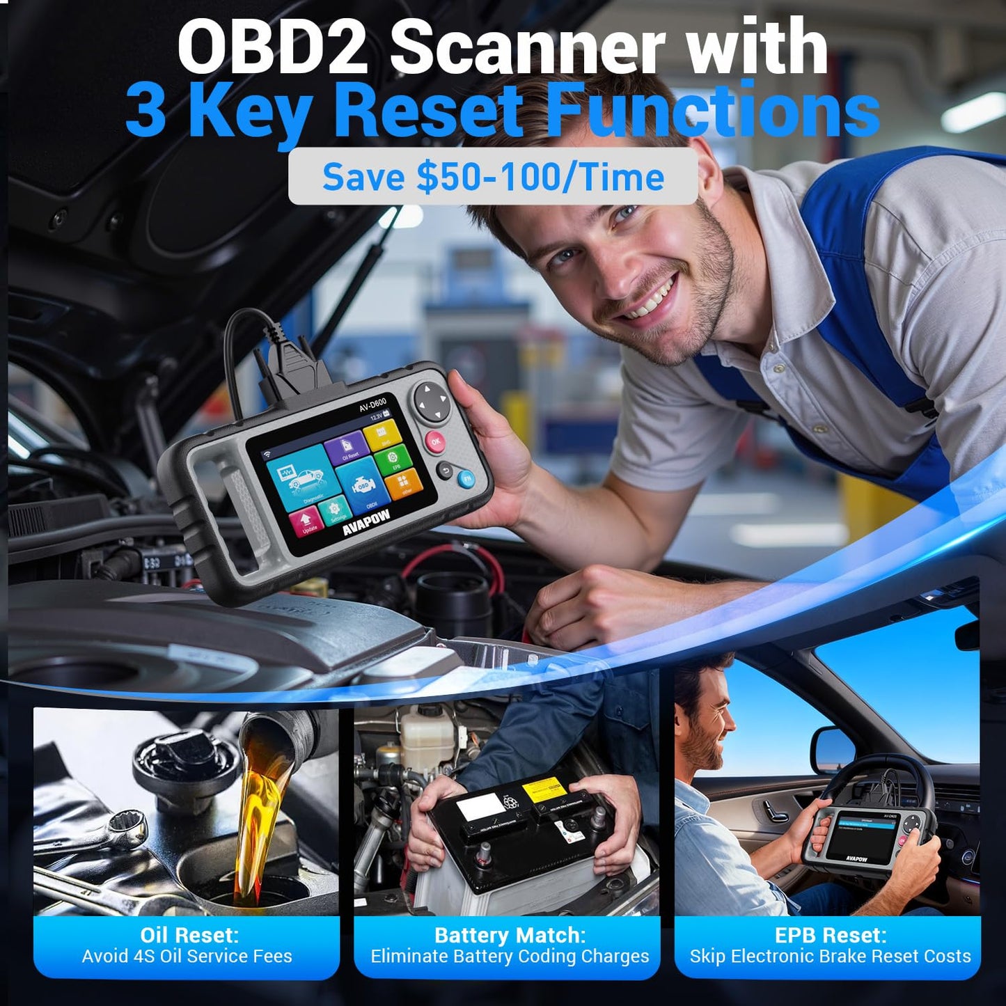 AVAPOW AV-D600 4 Systems OBD2 Scanner Engine/Transmission/SRS/ABS Diagnostic Tool, Oil Reset/EPB Reset/Battery Match, Car Code Reader with Auto VIN, WiFi Lifetime Update, Compatible with 7000+ Cars