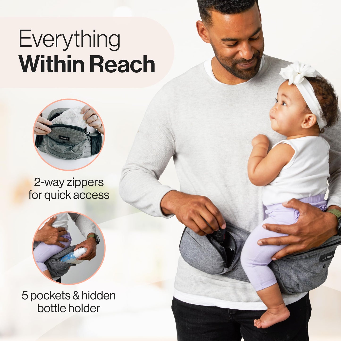 Tushbaby Original Hip Seat Baby Carrier for Babies & Toddlers up to 45 lbs, Safety Certified, Lightweight No-Foam Design with Storage, Grey