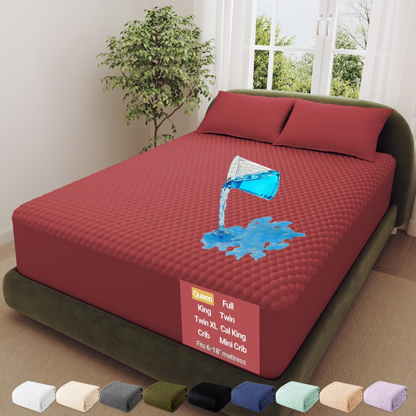 OhGeni 100% Waterproof Mattress Protector,Queen Size Mattress Soft Pad,Pet Hair & Bedwetting Resistant,Cooling Breathable Fitted Sheets,Washable Bed Cover,Non-Slip Deep Pocket,Noiseless,Red
