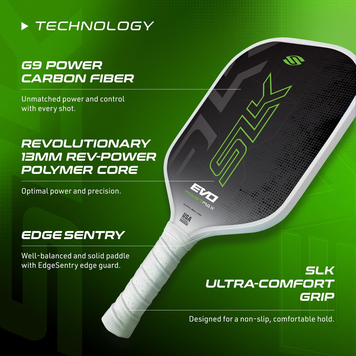 Selkirk Sport SLK Evo Power XL Pickleball Paddle by Selkirk Sport | G9 Power Carbon Fiber Pickleball Paddle with SpinFlex Surface and Rev-Hybrid Polymer Core | Power Green XL