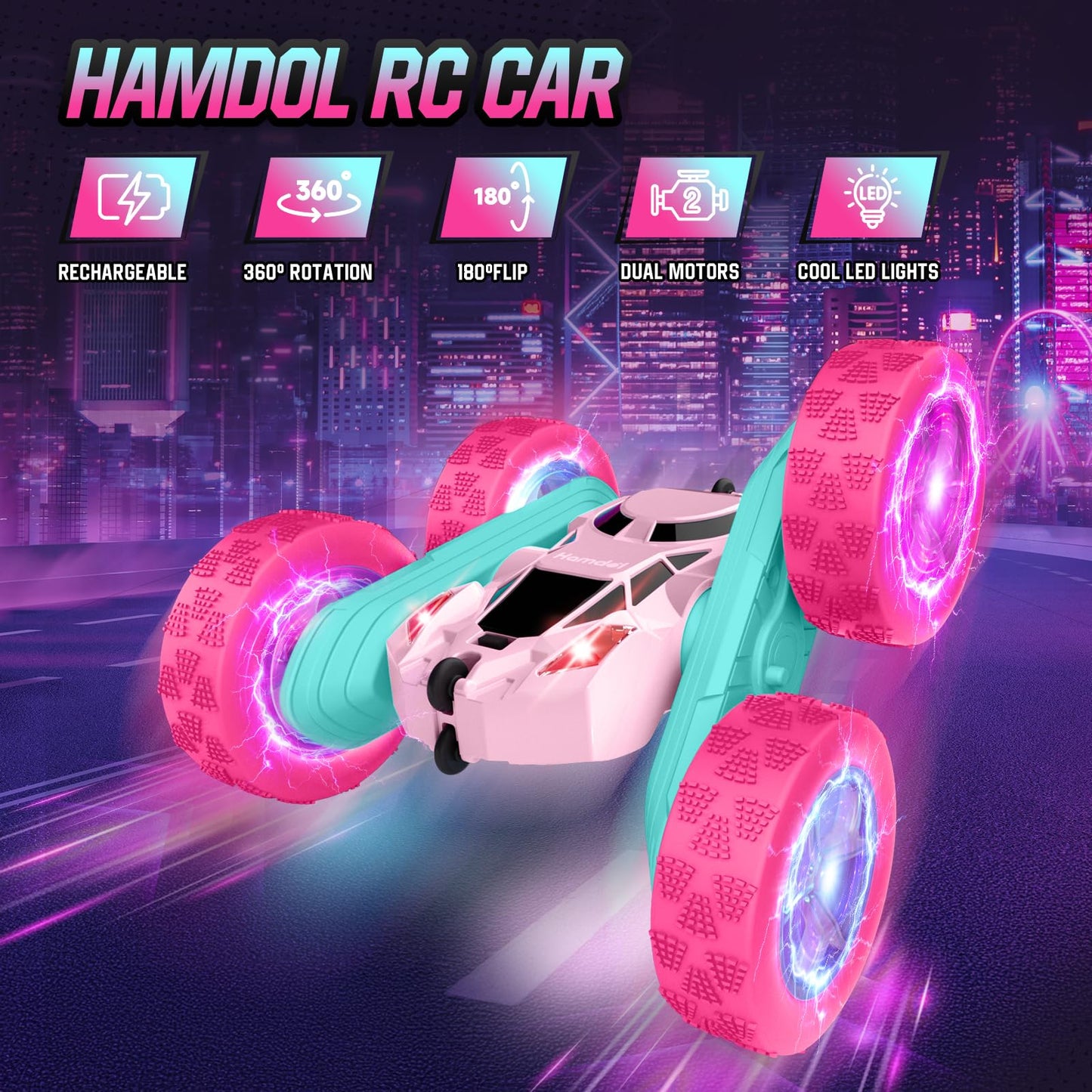 Hamdol Pink Remote Control Car for Girls, Double Sided with Shining Headlights & Wheel Lights, Girl Princess Toys, Rechargeable Toy Car for 6-7 6-8 9 10-12 Year Old Girls Birthday, Valentines Gift