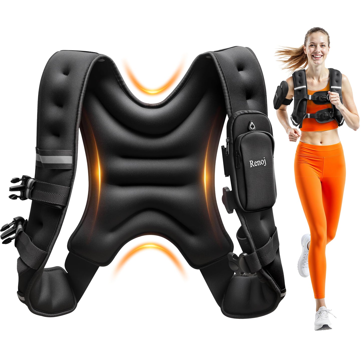 Renoj Weighted Vest for Women Men: Available in 6lb/8lb/10lb/11lb/12lb/14lb/16lb/20lb Fixed Weights for Walking, Running, Training, Exercise, Weight Loss - With Reflective Strips and Storage Pocket