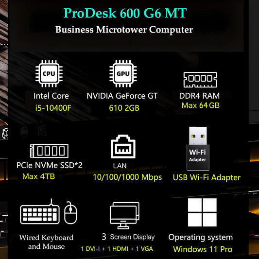 HP ProDesk 600 Microtower Business Desktop Computer, 16GB DDR4 RAM, 1TB PCIe SSD, Intel 6-Core i5-10400F, GeForce GT 610 2GB, WiFi Adapter, RJ45, HDMI, DVI-I Port, VGA, Type-C, Windows 11 Pro