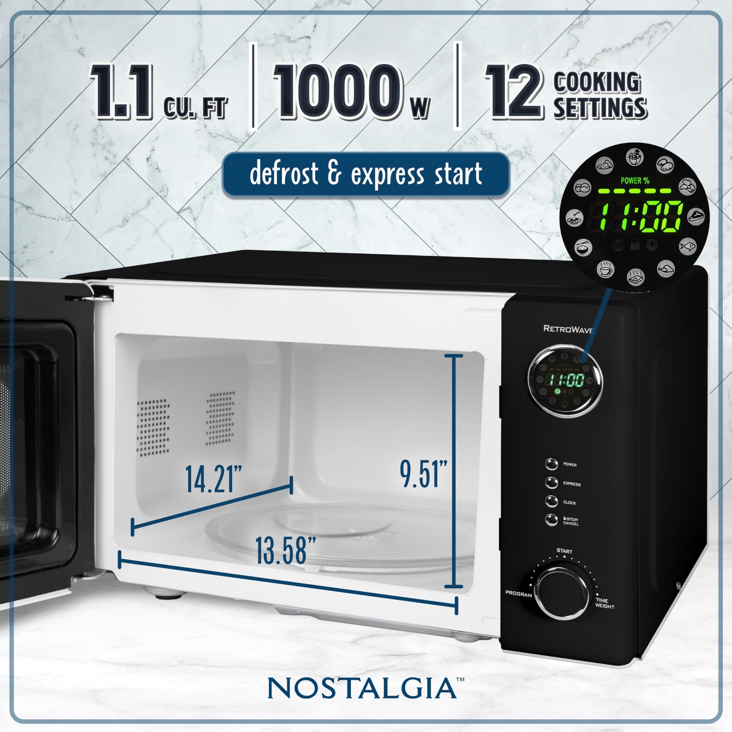 Nostalgia NRMO11BK6A 1000 Watt Power Retro Countertop Microwave Oven Easy to Clean with Removable Glass Turntable-Child Safety Lock-12 Programs-Digital Clock, 1.1 Cu Ft, Black