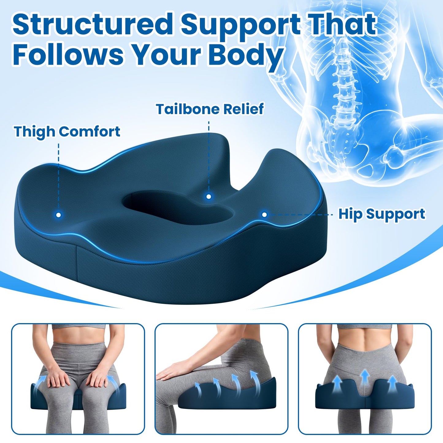SweetSlubr Large Donut Pillow Seat Cushion for Hemorrhoid Discomfort&Tailbone Pressure, Office Chair Cushion for Long Sitting, Ergonomic Coccyx Pillow for Postpartum Pregnancy, Lifting Cushions, Blue